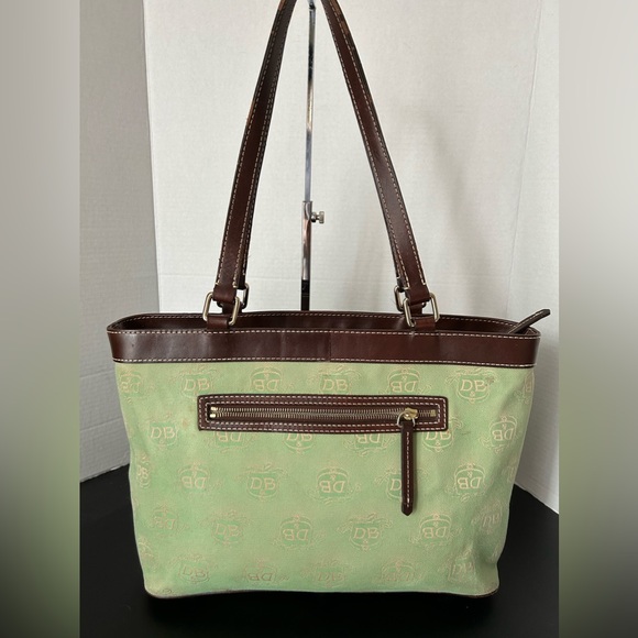 Vintage Dooney & Bourke Shoulder Tote Bag Green Canvas Vachetta Leather … - Picture 4 of 13